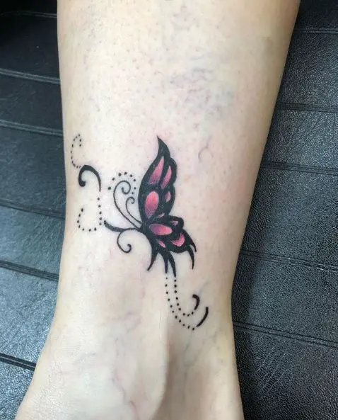 Little Black and Red Butterfly Ankle Tattoo