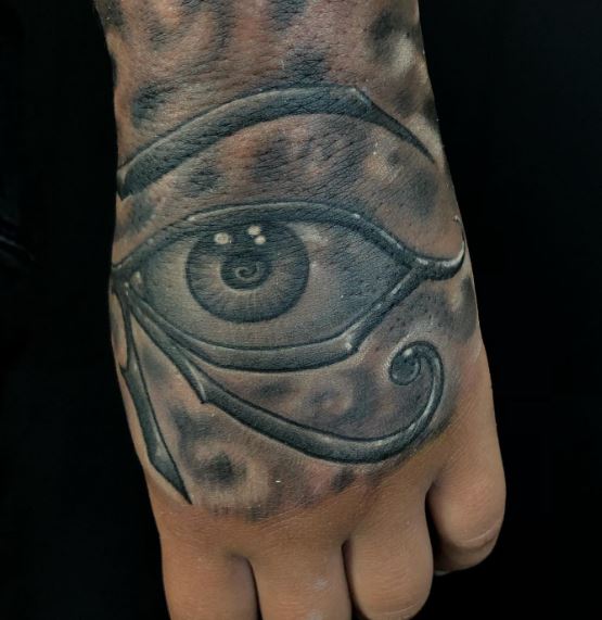 Big Grey Eye of Horus Hand Tattoo