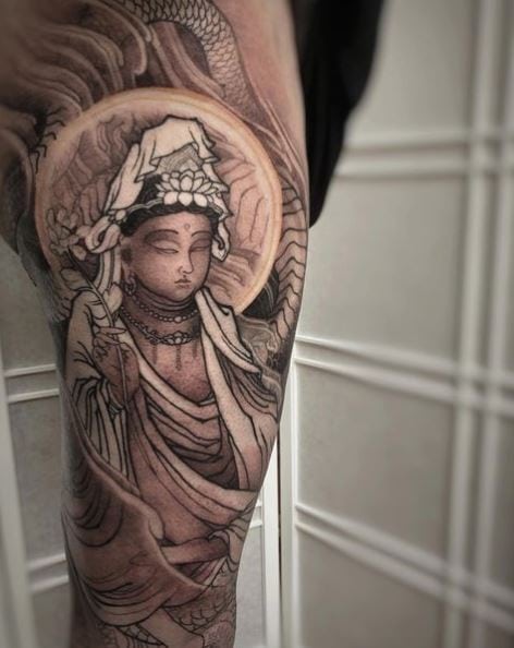 Realistic Buddhist Leg Sleeve Tattoo