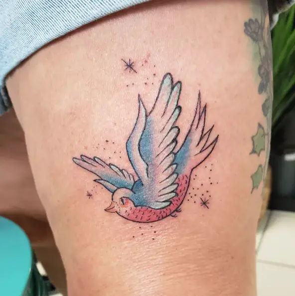 Stars and Colorful Flying Swallow Thigh Tattoo