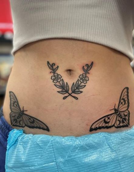 Laurel Wreath and Moths Belly Tattoo