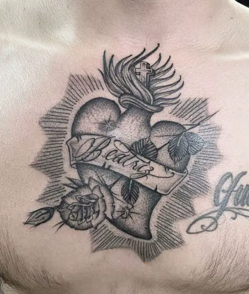 Rose Branch with Sacred Heart Chest Tattoo