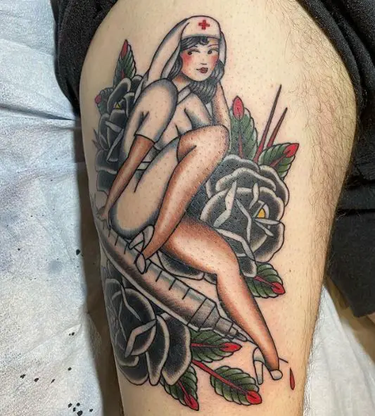 Nurse Black Roses and Syringe Tattoo