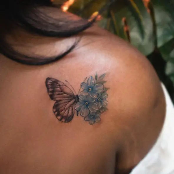 Blue Flowers with Dark Butterfly Shoulder Tattoo