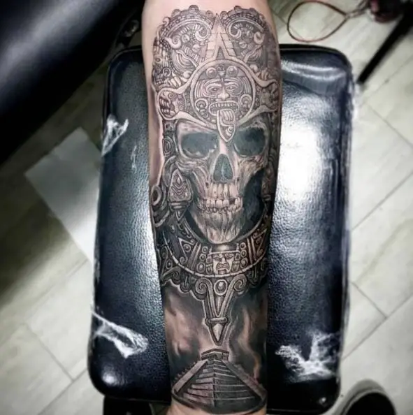 Black and Grey Mayan Skull Forearm Sleeve Tattoo