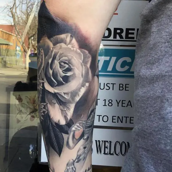 White Rose Dark Background Elbow Tattoo