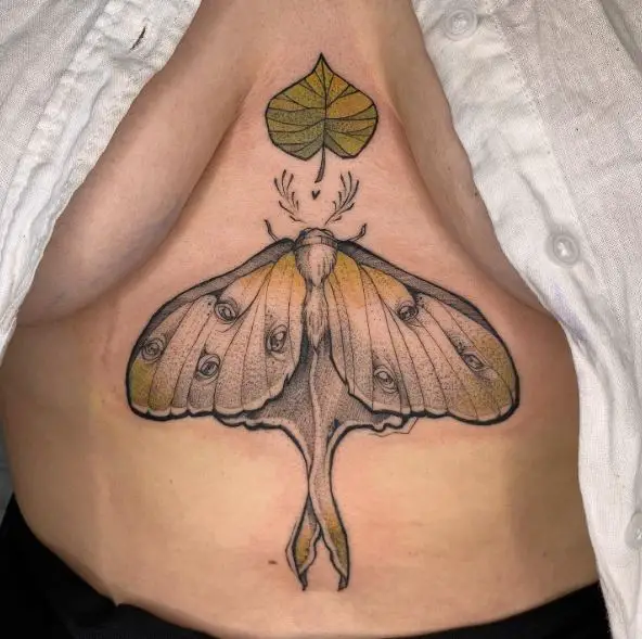 Green Leaf and Moth Belly Tattoo