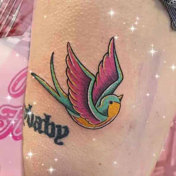 Colorful Swallow Thigh Tattoo