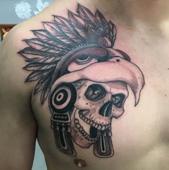 Mayan Skull with Bird Headdress Chest Tattoo