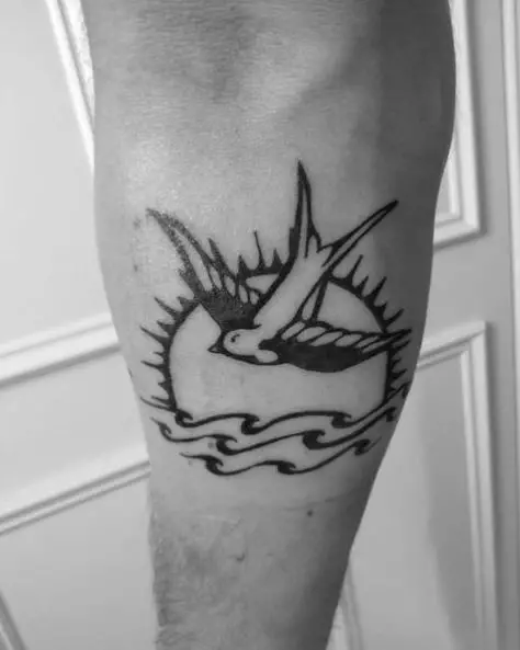 Sun with Ocean Waves and Sparrow Forearm Tattoo