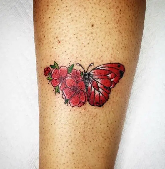 Red Half Butterfly Tattoo with Flowers