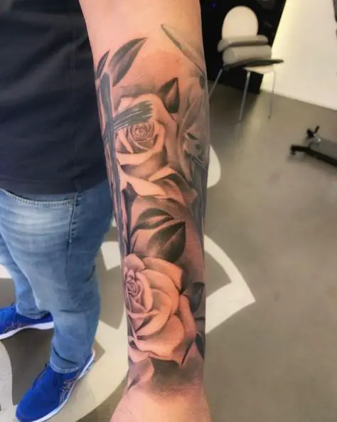 White Roses and Cross Sleeve Tattoo