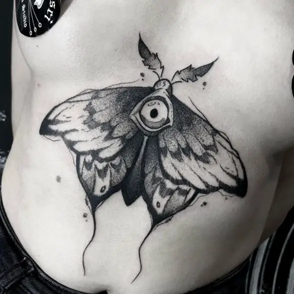 Big Black and Grey Moth Belly Tattoo