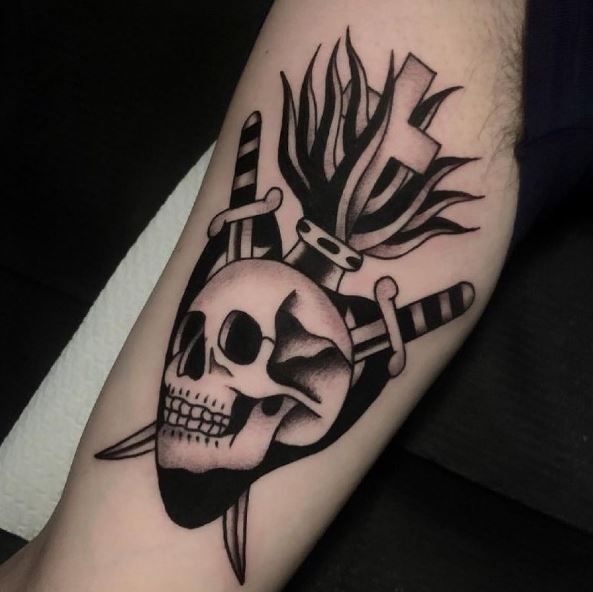 Skull Head with Daggers and Sacred Heart Tattoo