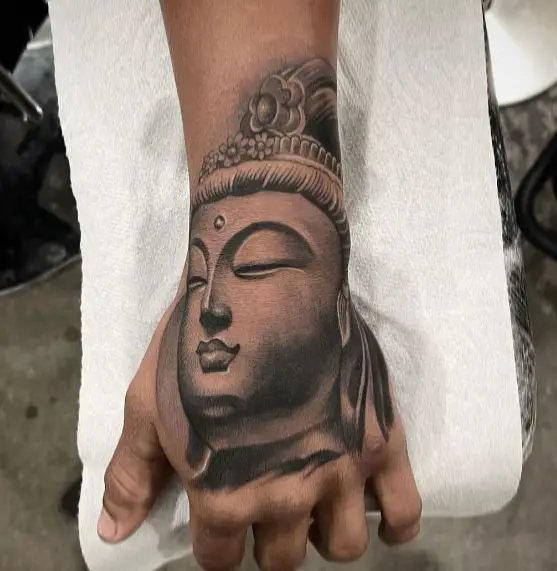 Grey Shaded Buddha Hand Tattoo