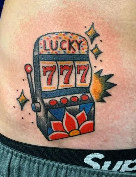 Colorful Slot Machine with Jackpot 777 Belly Tattoo