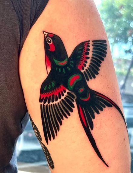 Colored Swallow Biceps Tattoo