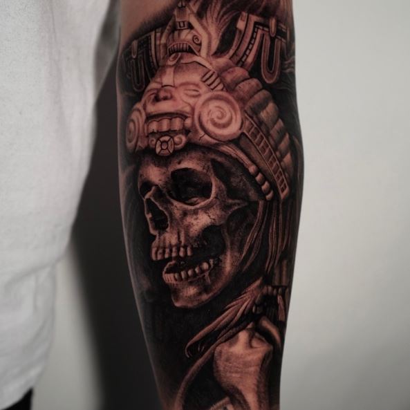 Mayan Skull with Headdress Forearm Tattoo