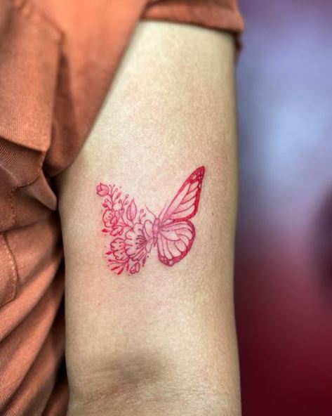 Floral Half Red Butterfly Arm Tattoo