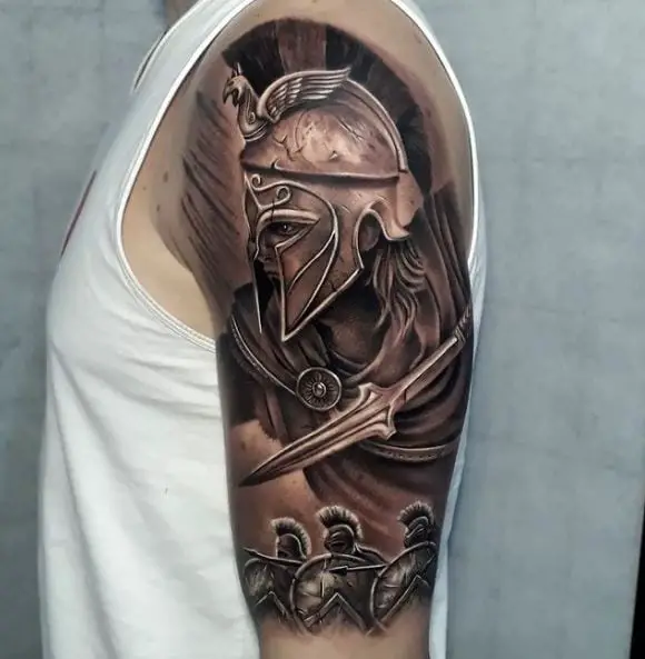Spartans with Spears and Shields in Battle Arm Tattoo
