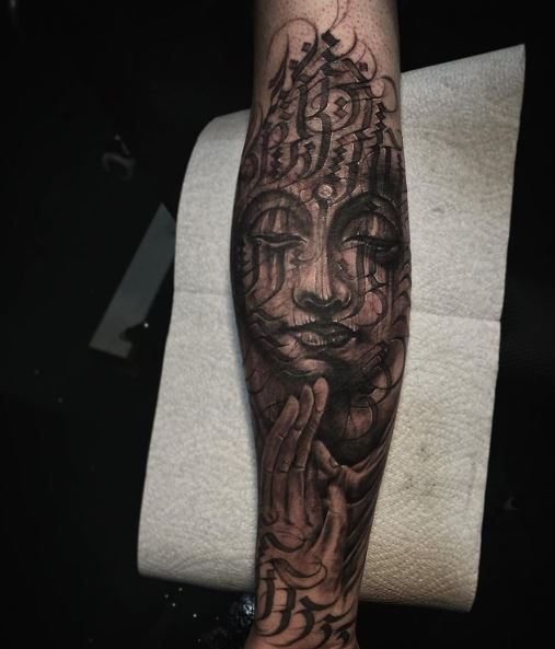 Black Buddhist Arm Sleeve Tattoo