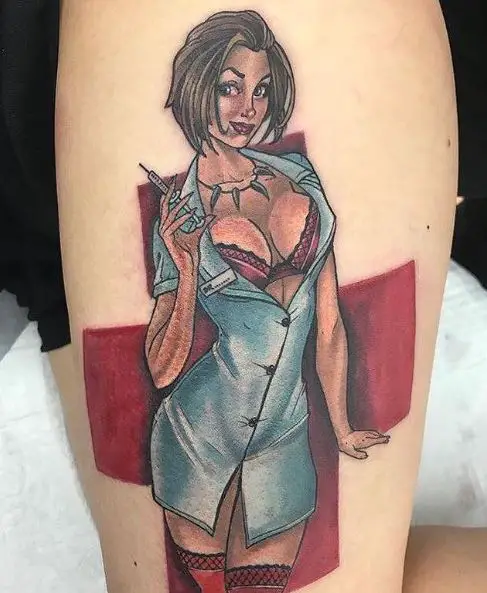 Nurse with Syringe in Sexy Outfit Tattoo