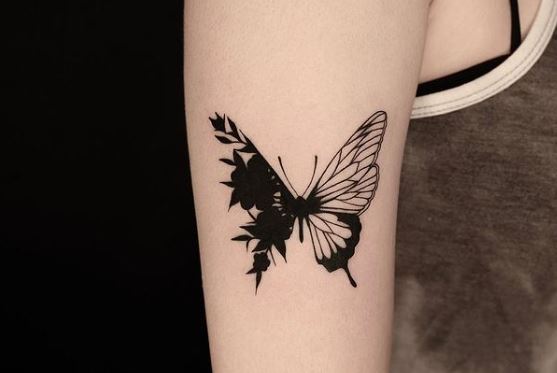 Black Flowers and Half Butterfly Arm Tattoo