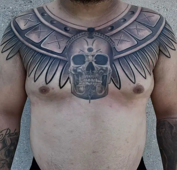 Grey Mayan Skull Chest Tattoo