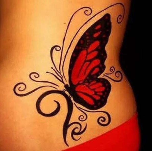 Black and Red Tribal Half Butterfly Belly Tattoo