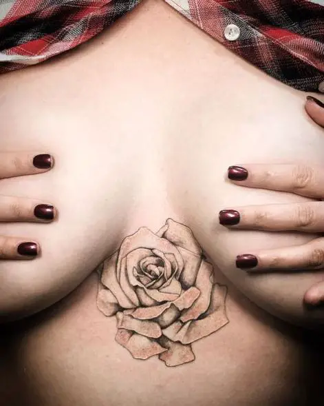 White Rose Flower between Boobs Tattoo