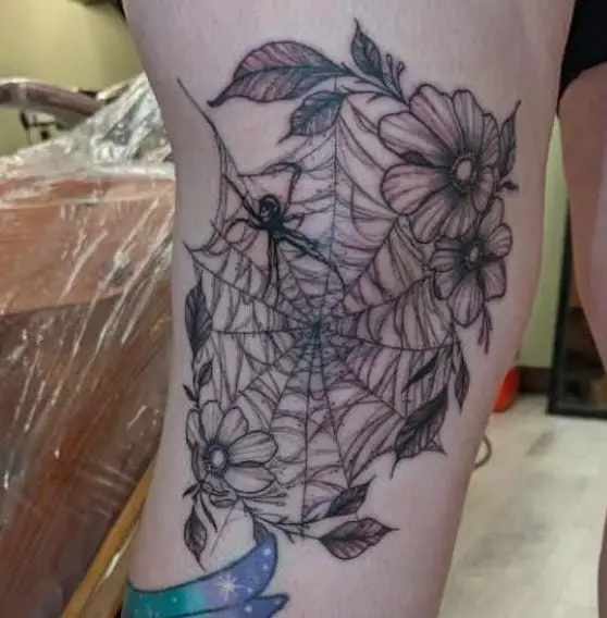 Flowers and Spider Web Knee Tattoo