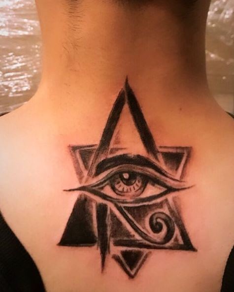 Charcoal Shading Style Pyramid and Eye of Horus Spine Tattoo