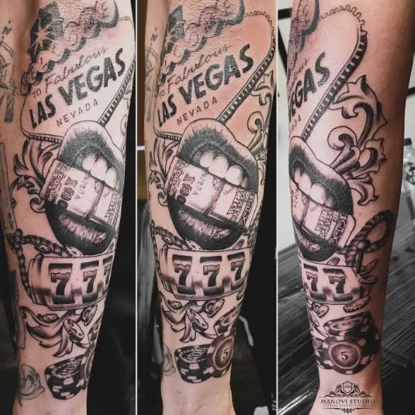 Las Vegas Sign Dollars and Lucky 777 Sleeve Tattoo