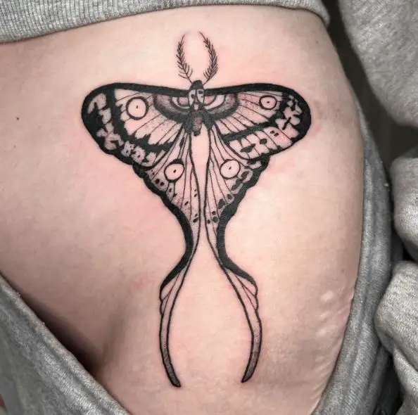 Black and Grey Moth Hip Tattoo