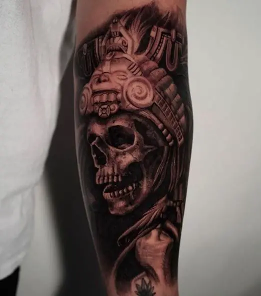 Mayan Skull with Headdress Forearm Tattoo