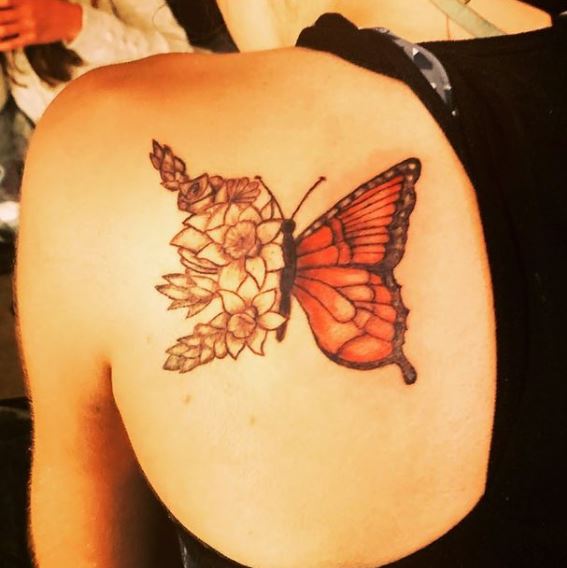 Flowers and Half Red Butterfly Shoulder Tattoo