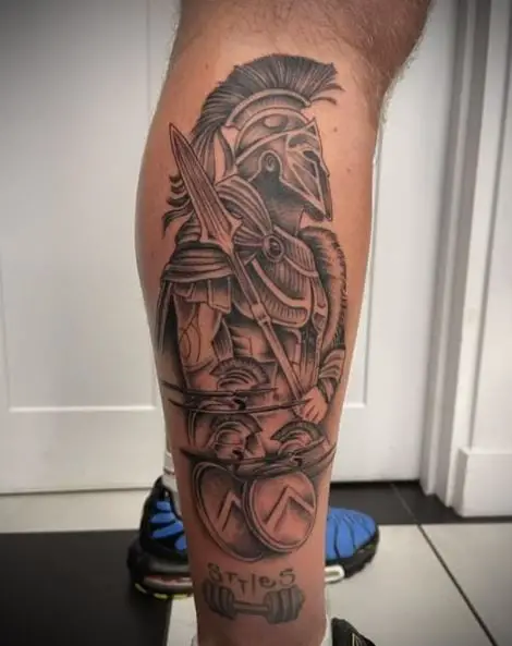 Big Spartan Warrior with Spear and Shield Leg Tattoo