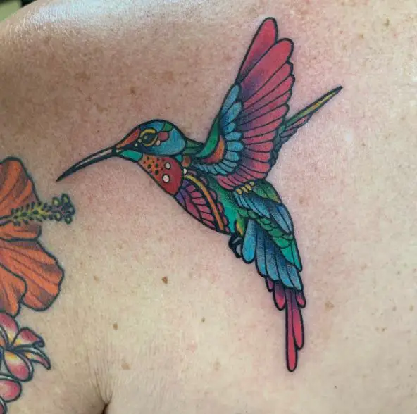 Colorful Hummingbird Tattoo on Shoulder