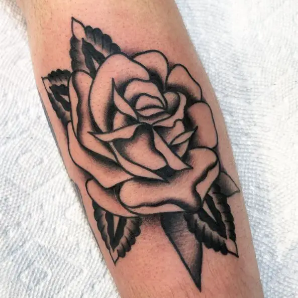 White Rose Flower and Grey Shaded Leaves Tattoo