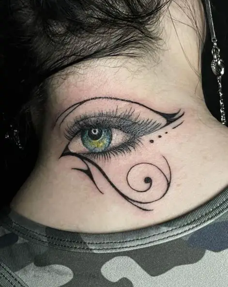 Green Eyeball on Black Eye of Horus Neck Tattoo