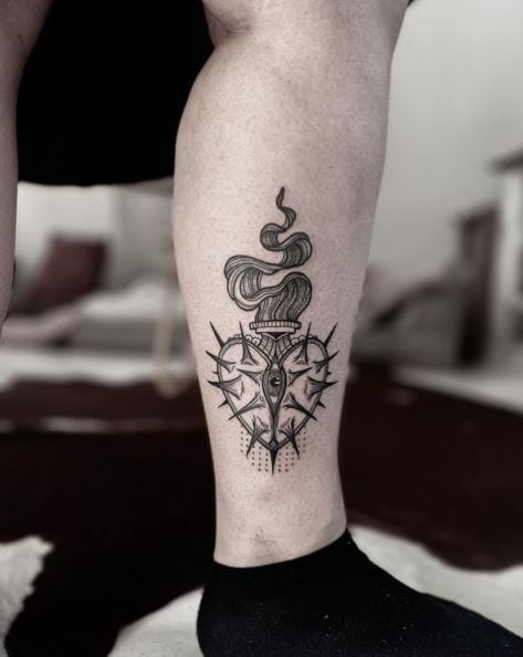 Sacred Heart with Thorns Leg Tattoo