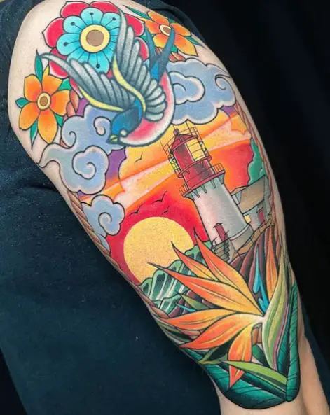 Lighthouse Sun and Flowers with Colorful Flying Swallow Arm Tattoo