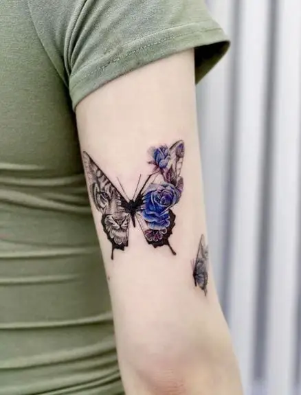 Blue Flowers and Black Butterfly Arm Tattoo