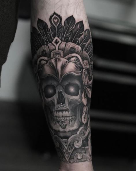 Mayan Skull with Headdress with Lighting Eyes Tattoo