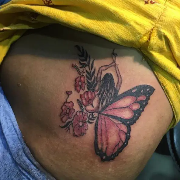 Girl Silhouette with Flowers and Half Butterfly Tattoo