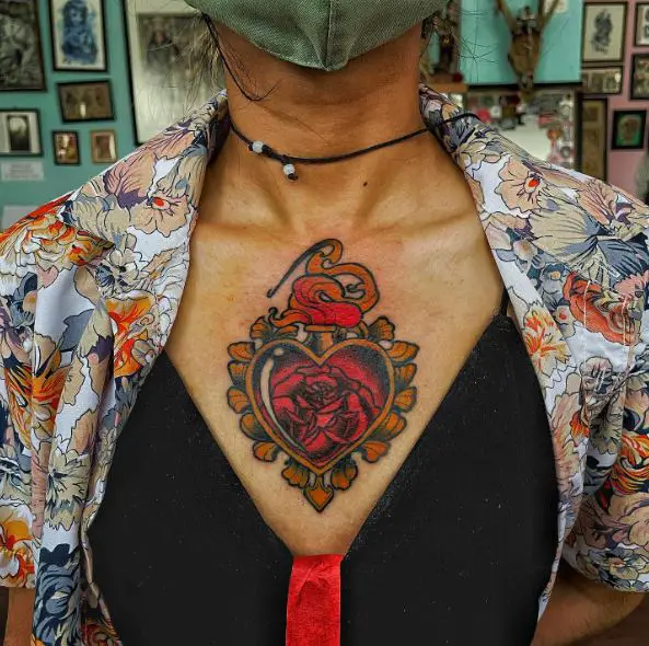 Red Rose in Colorful Sacred Heart Chest Tattoo