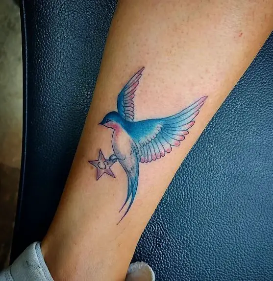 Colorful Swallow with Star in Claws Leg Tattoo