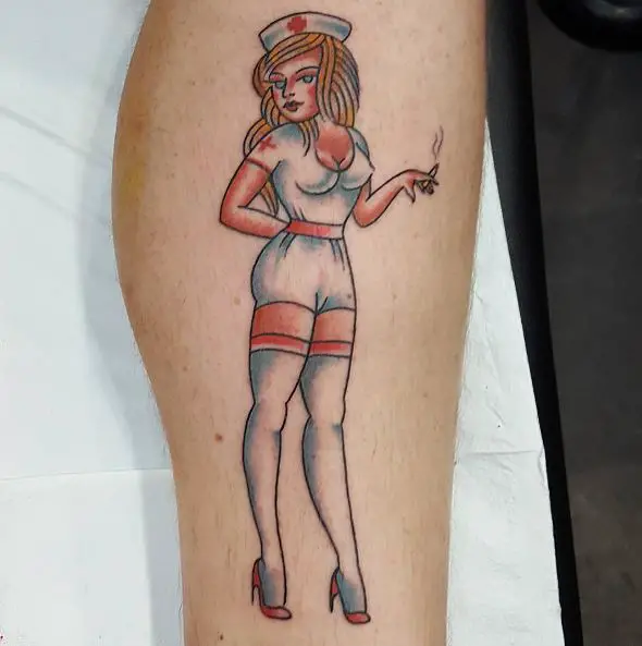 Blonde Nurse with Cigarette in Hand Tattoo