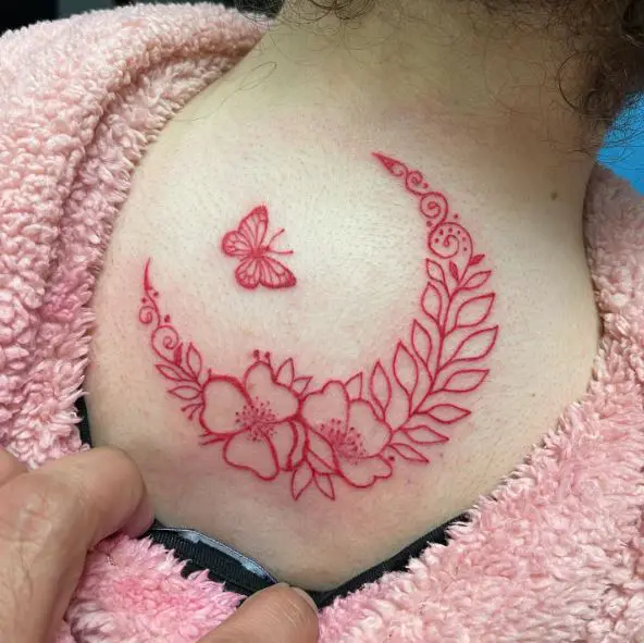 Laurel Wreath and Red Butterfly Back Tattoo