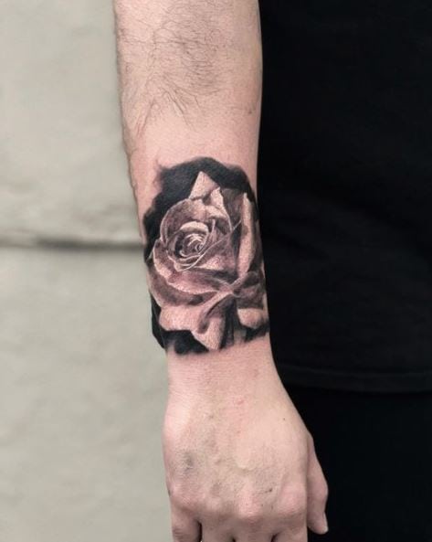 White Rose on Dark Background Wrist Tattoo